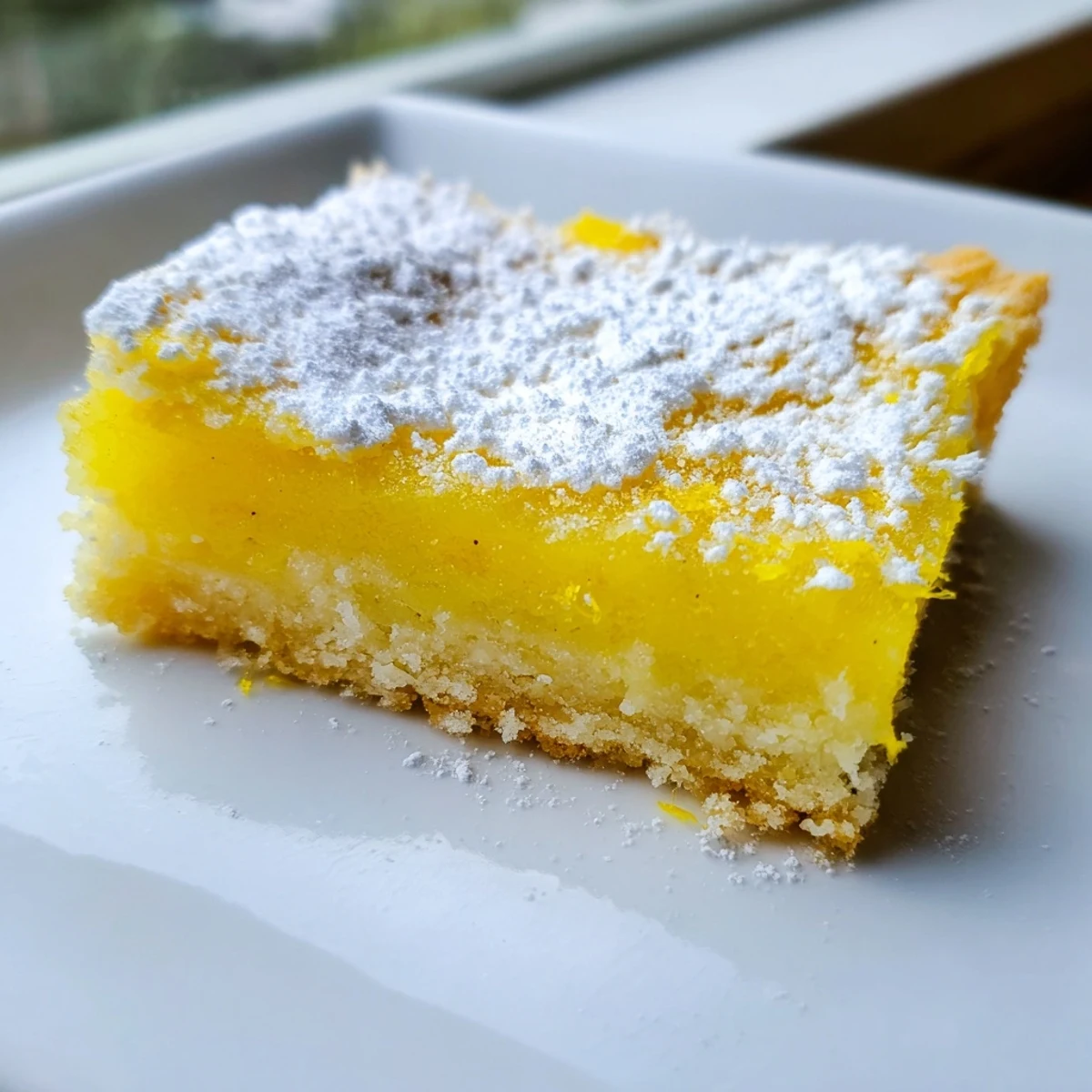 Bright yellow lemon bars topped with snowy powdered sugar arranged on a ceramic platter
