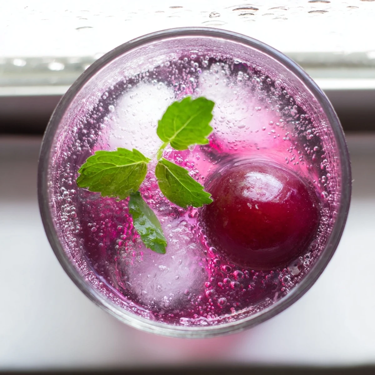 Chilled Grape Agua Fresca served over ice with fresh mint garnish in a clear glass