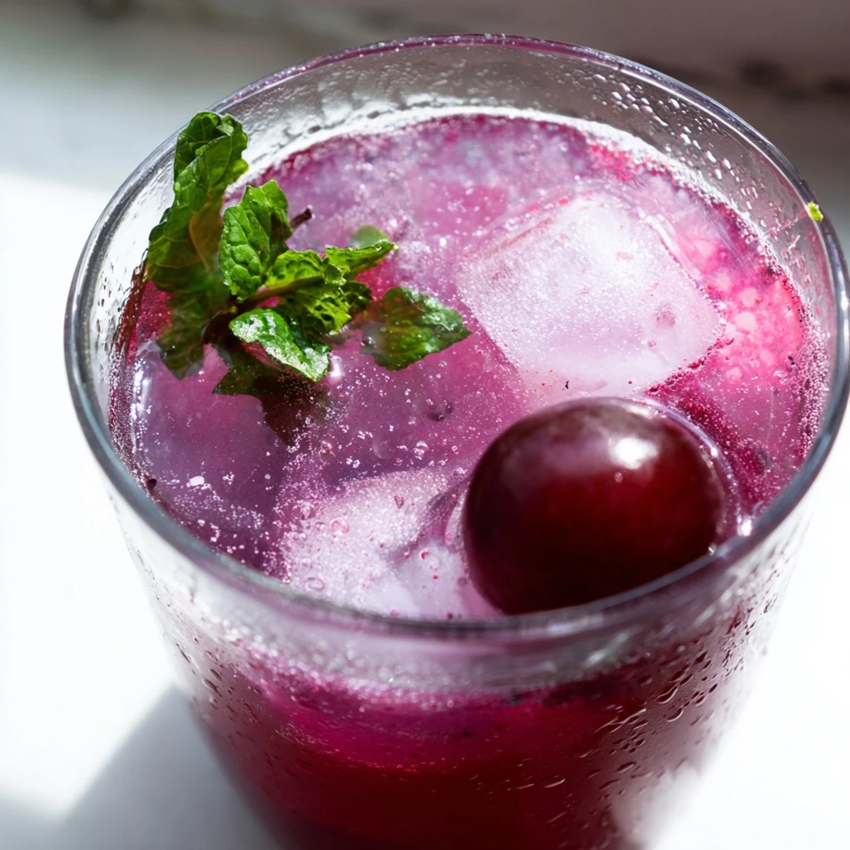Vibrant purple Grape Agua Fresca poured into glasses with lime wedges on a sunny patio