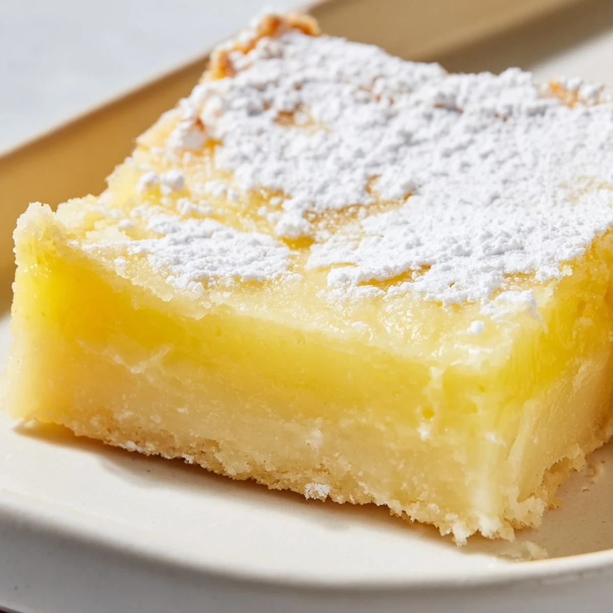 Golden Lemon Gooey Butter Cake squares dusted with powdered sugar on a rustic white serving plate