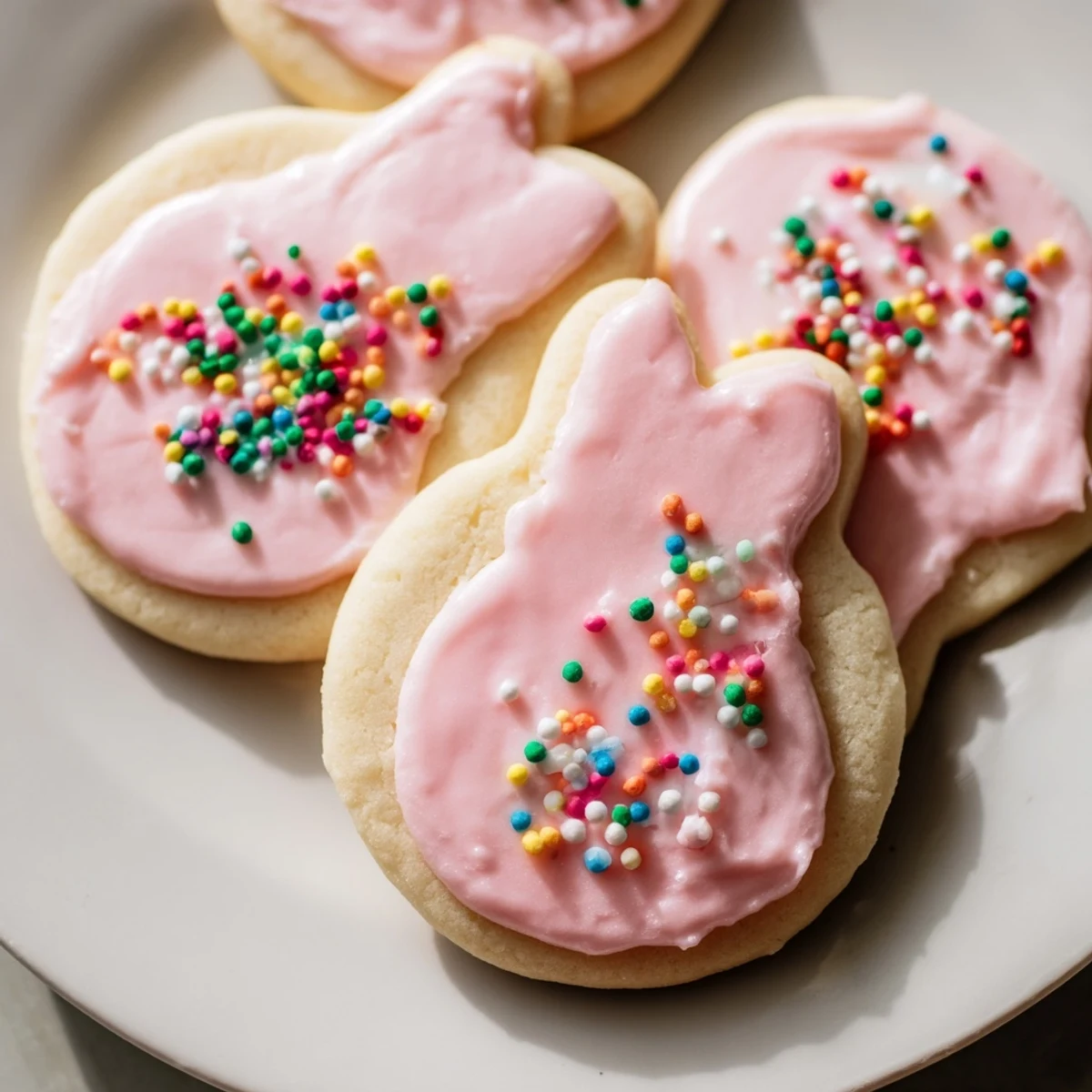 Soft Easter cookies decorated with pastel royal icing and colorful sprinkles on a white plate.
