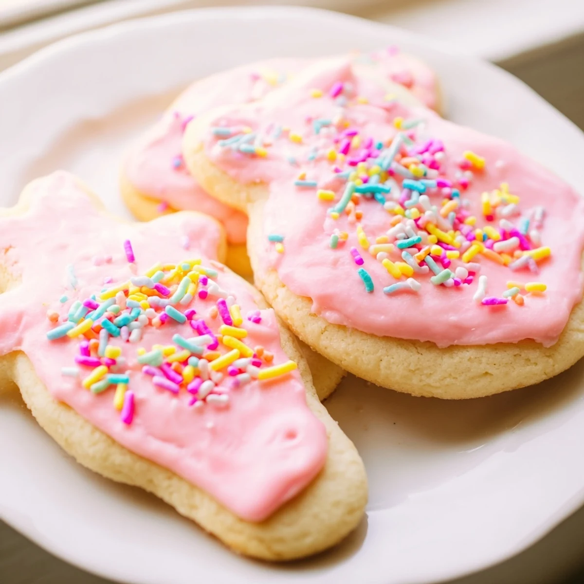 Buttery Easter cookies shaped like eggs and bunnies arranged on a rustic wooden serving board.