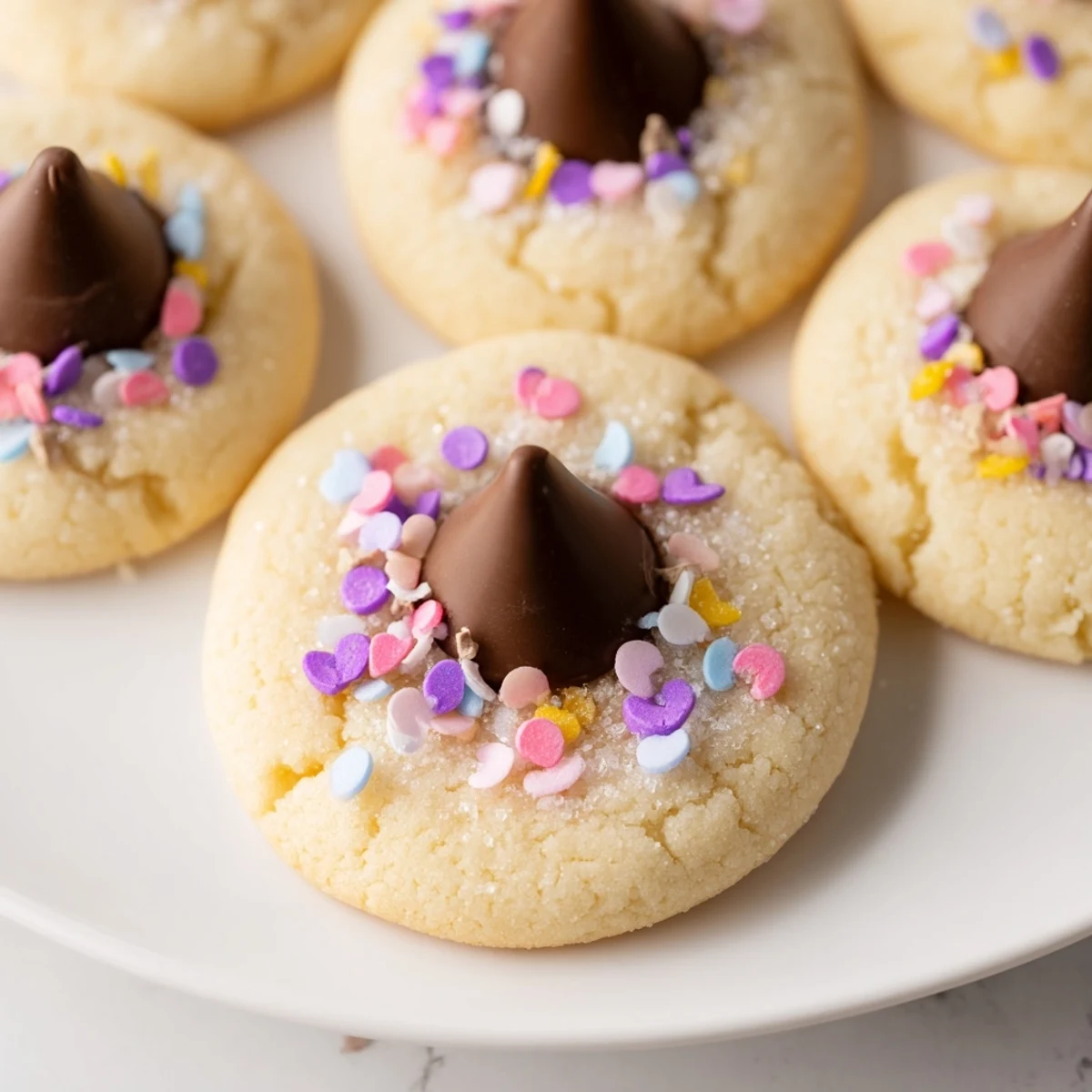 Soft Easter Blossom Cookies topped with melty chocolate kisses and pastel sprinkles on a rustic baking sheet.