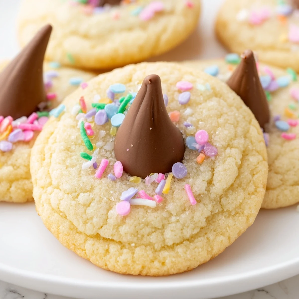 Golden buttery Easter Blossom Cookies with colorful candy kisses pressed into centers on a white platter.