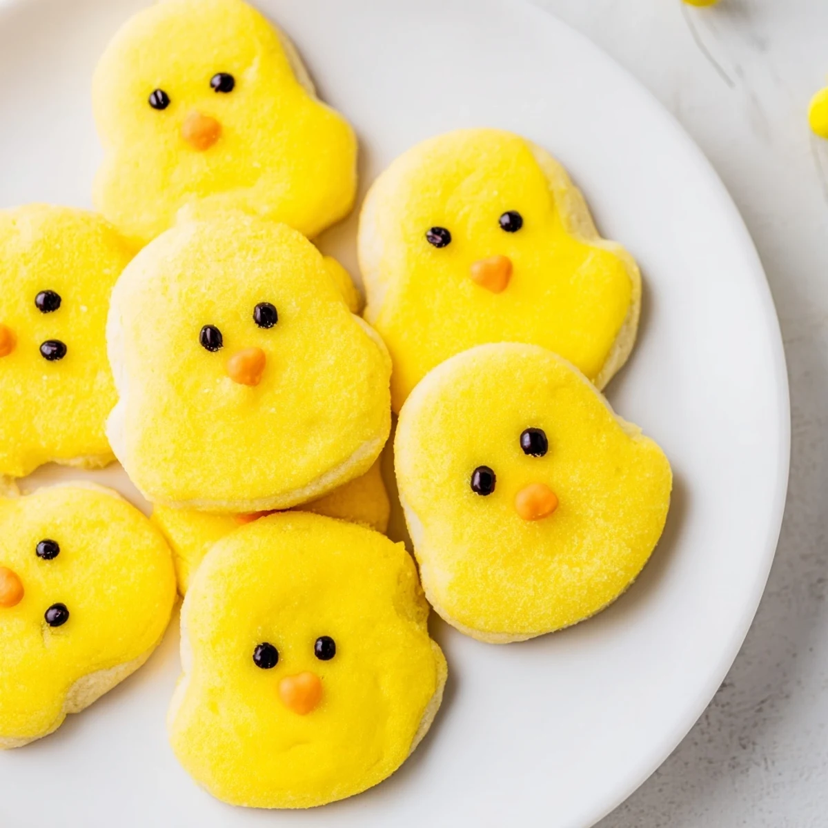 Adorable yellow chick cookies with cute faces arranged on a rustic baking sheet
