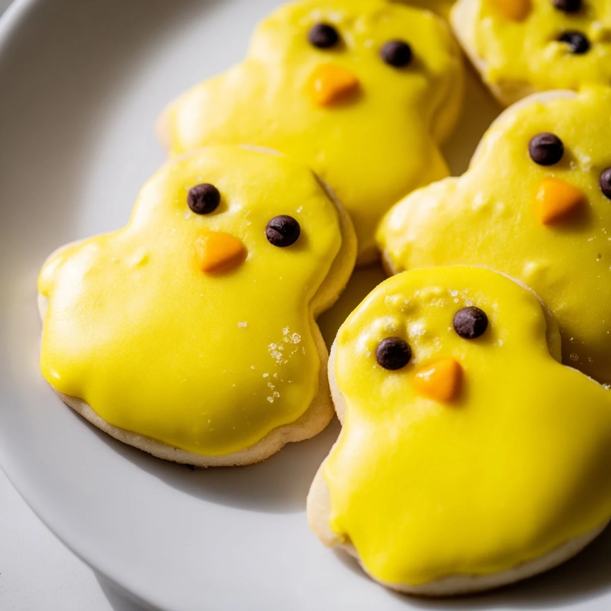 Buttery chick cookies decorated with chocolate chip eyes and orange candy beaks