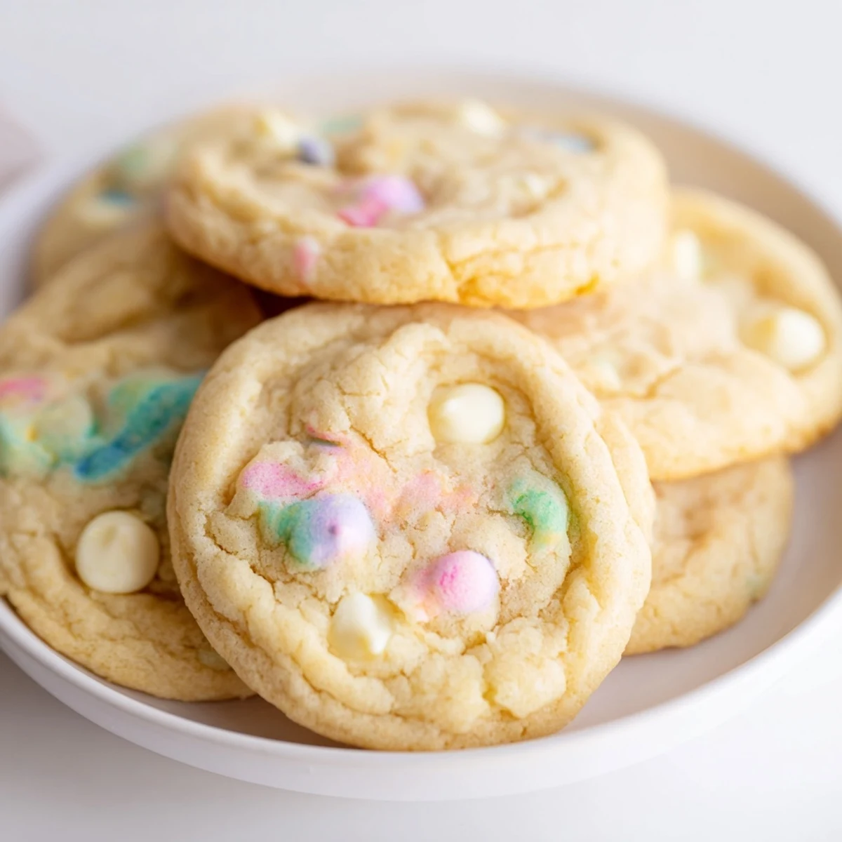 Soft pastel white chocolate cookies with colorful sprinkles on a rustic wooden serving board