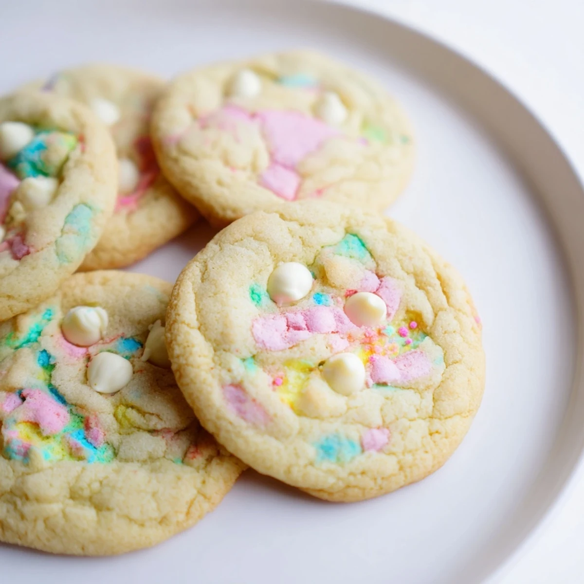 Golden pastel white chocolate cookies fresh from the oven with melty white chocolate chunks