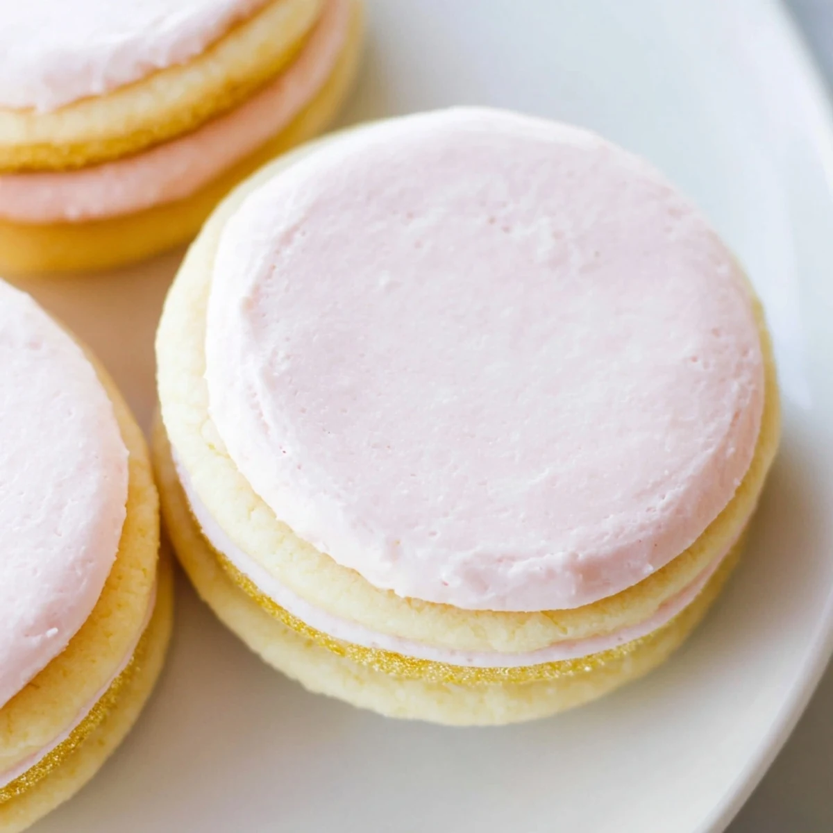 Soft pastel sugar cookie sandwiches with swirled buttercream filling on a rustic wooden board