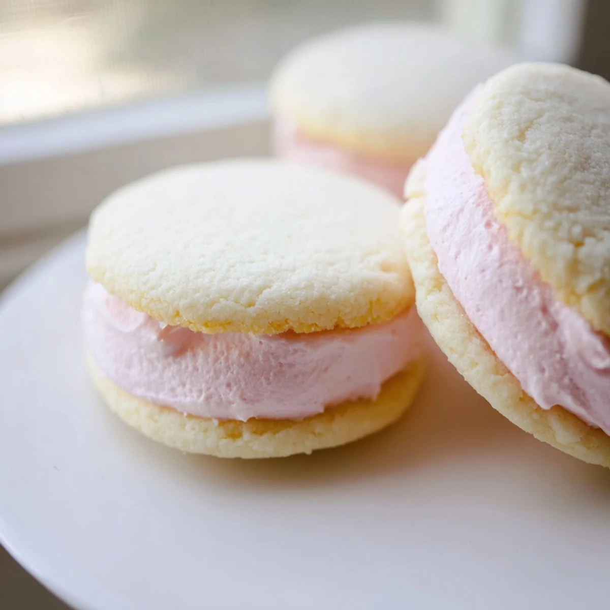 Delicate sugar cookie sandwiches bursting with creamy pastel pink and blue buttercream frosting layers