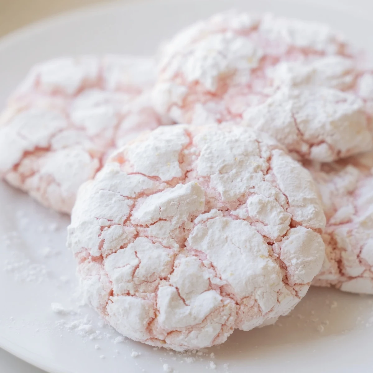 Soft pastel crinkle cookies with powdered sugar coating displayed on rustic white baking sheet