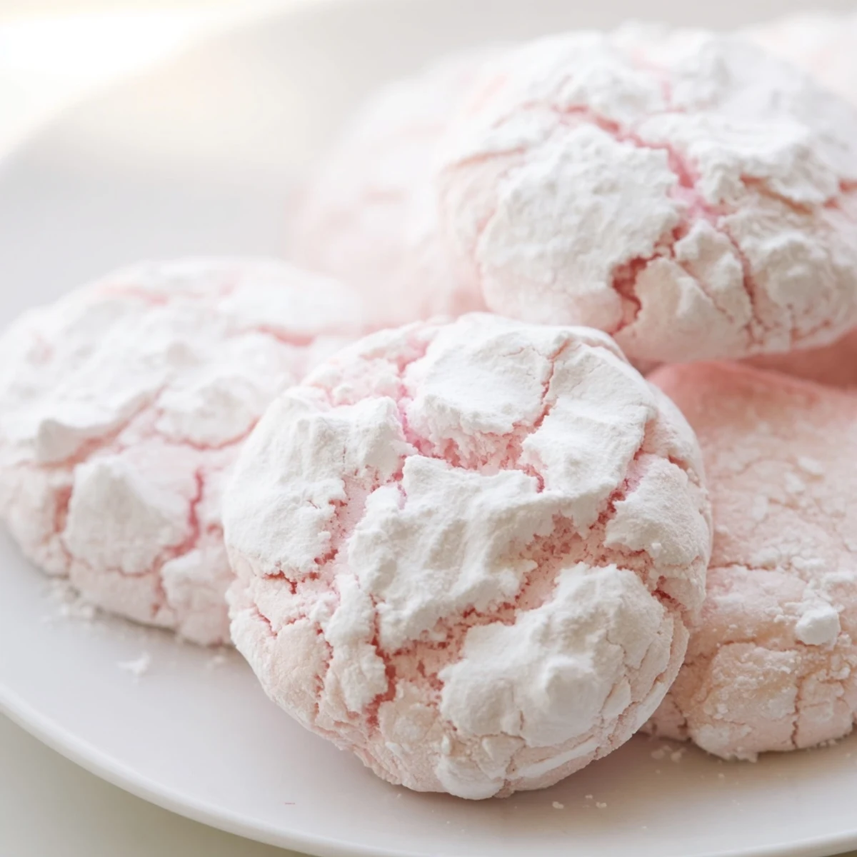 Chewy pastel crinkle cookies showing crackled surfaces dusted with snowy powdered sugar coating