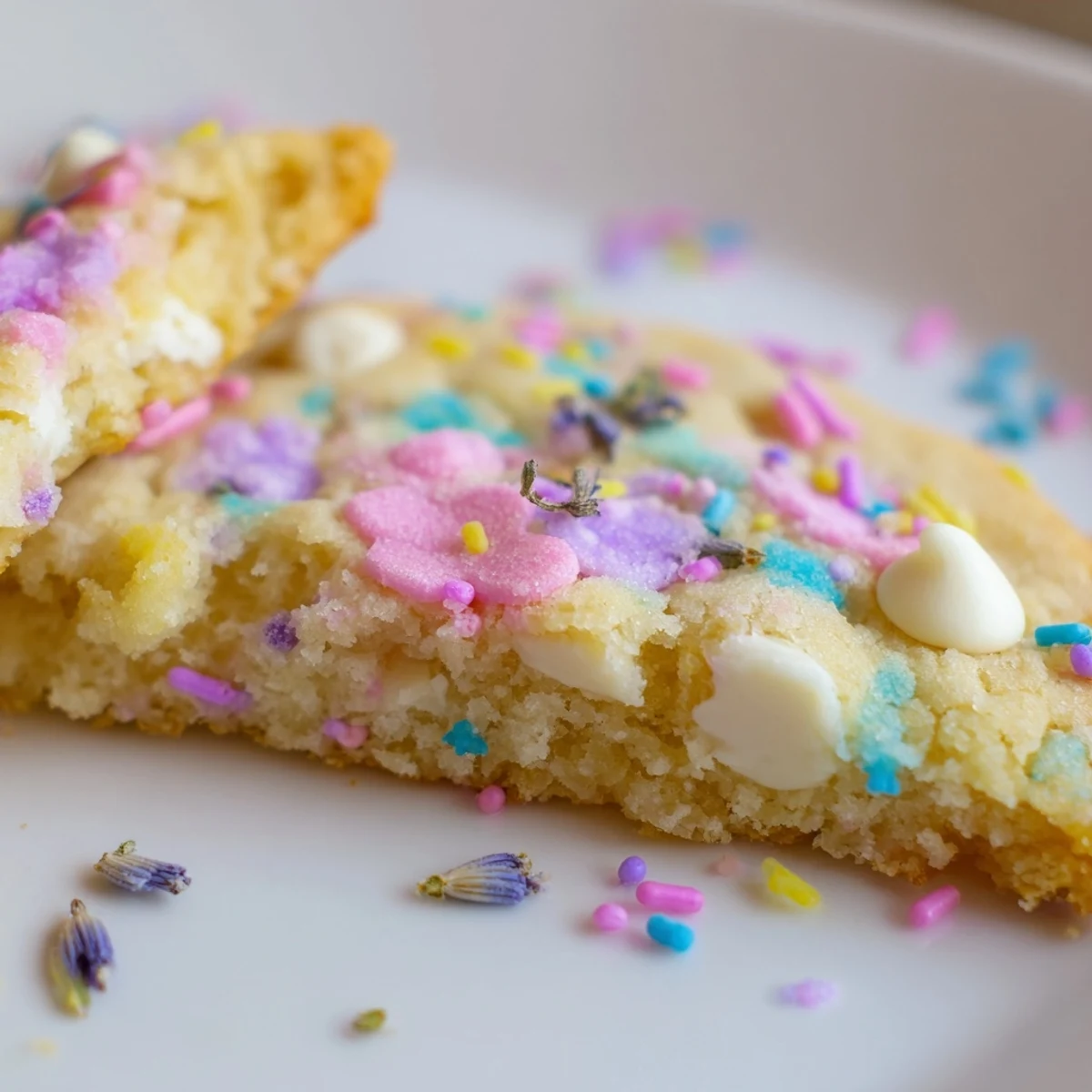 Soft Spring Blossom Cookies with pastel sprinkles arranged on a rustic white serving platter