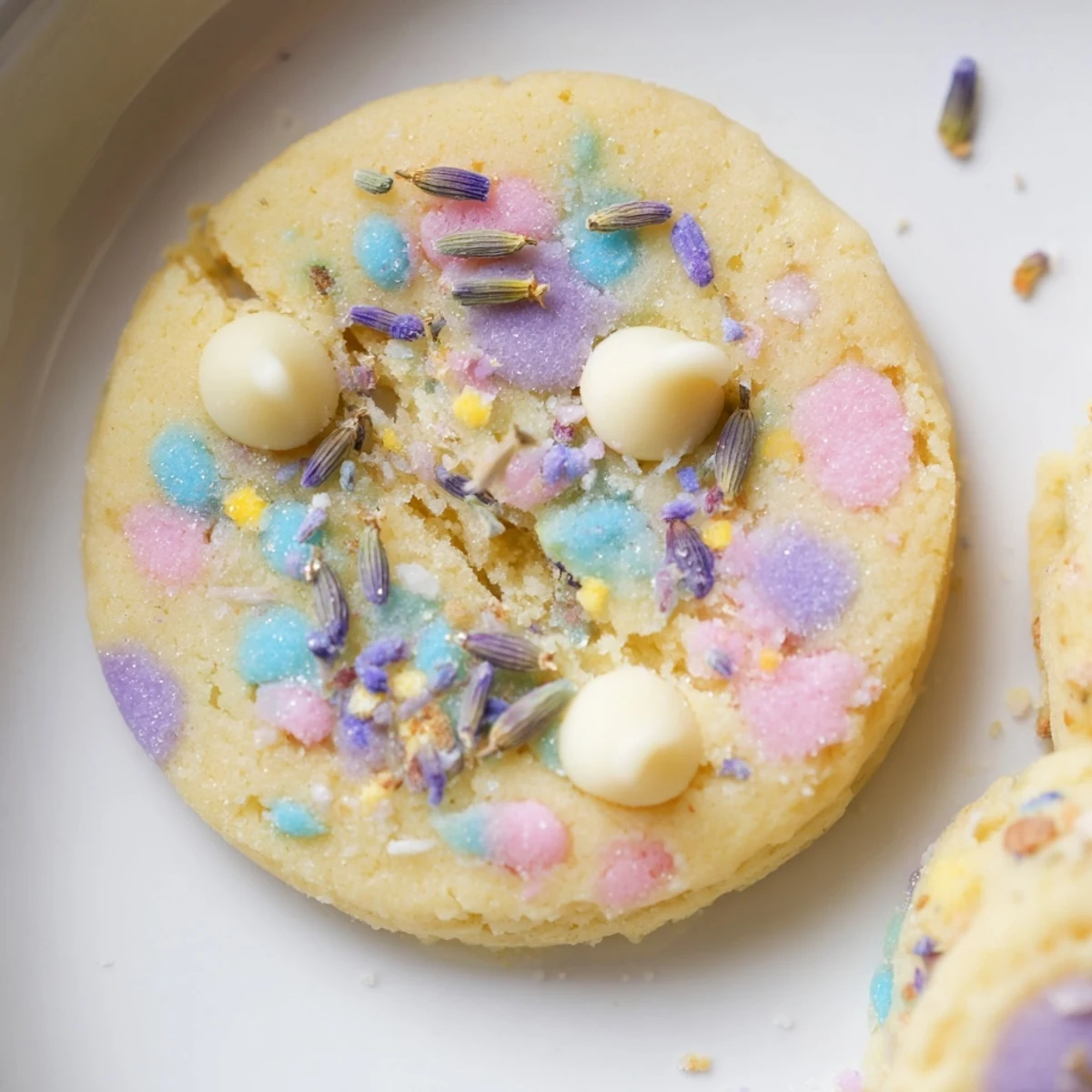 Golden edged Spring Blossom Cookies cooling on wire rack with colorful candy coating