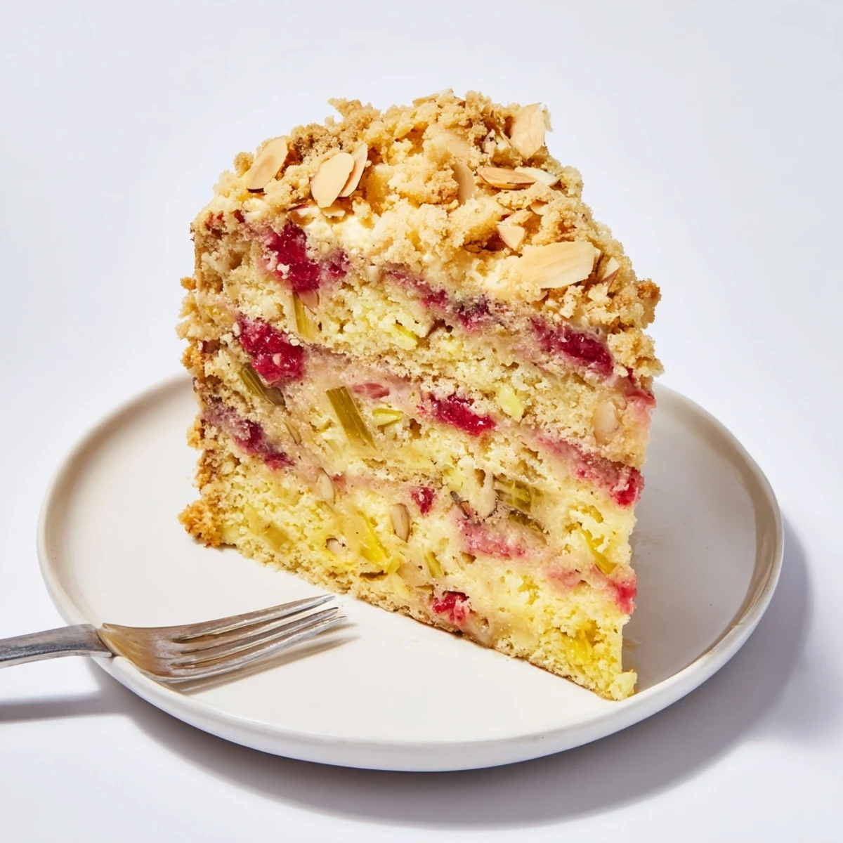 Golden lemon rhubarb strawberry cake topped with crunchy almond streusel on white plate
