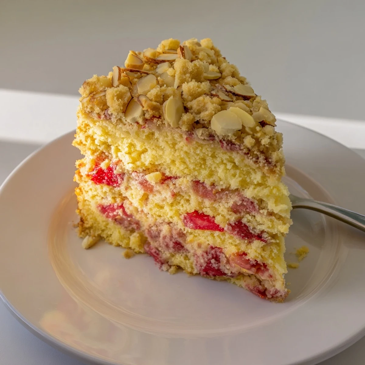 Tender lemon cake with ruby rhubarb strawberries and buttery almond streusel crumb topping