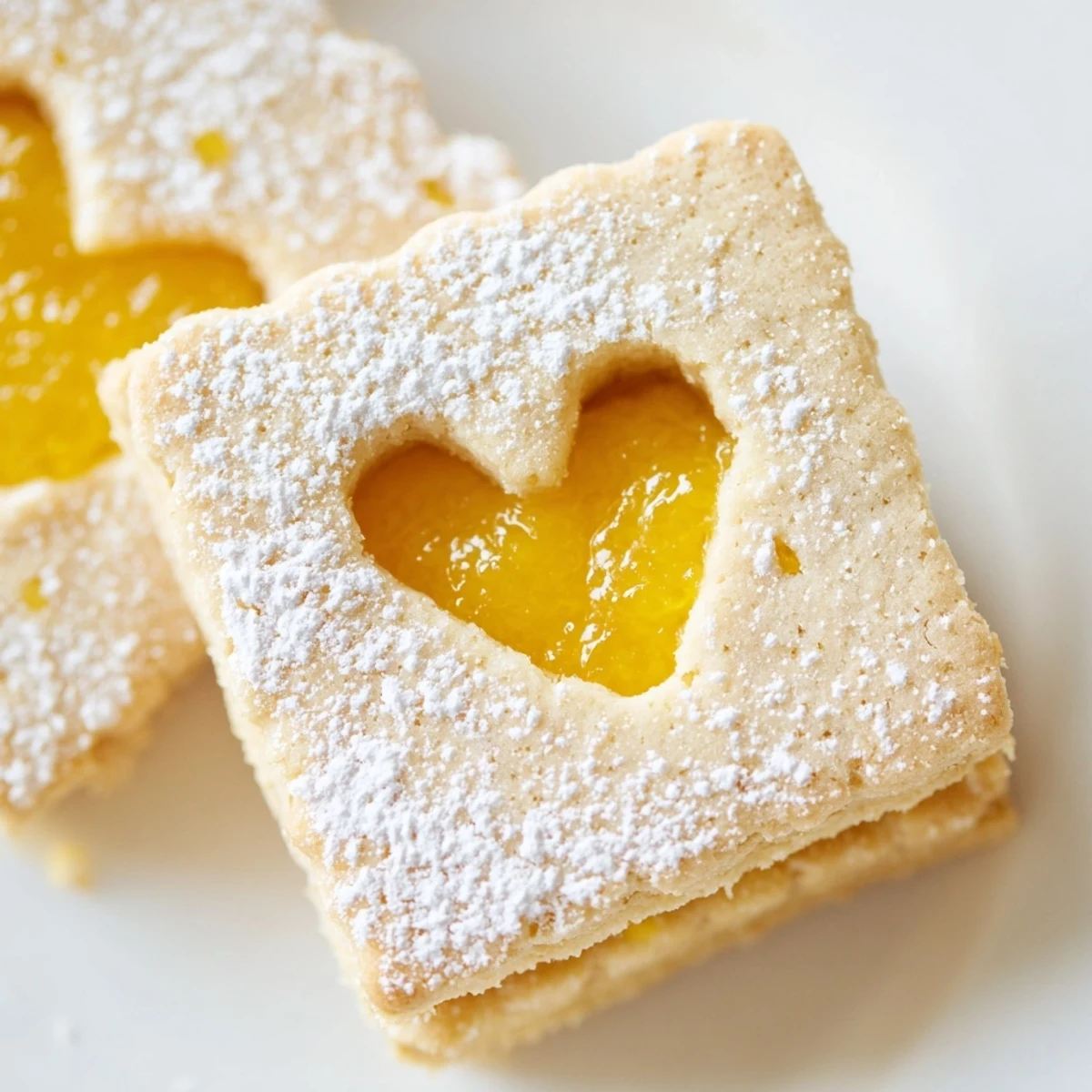 Delicate Meyer Lemon Curd Linzer Cookies with powdered sugar dusting and golden almond edges