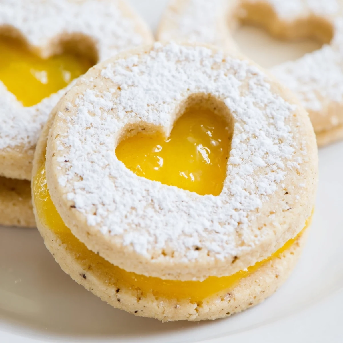 Buttery almond Linzer cookies sandwiched with vibrant yellow Meyer lemon curd filling peeking through cutout centers