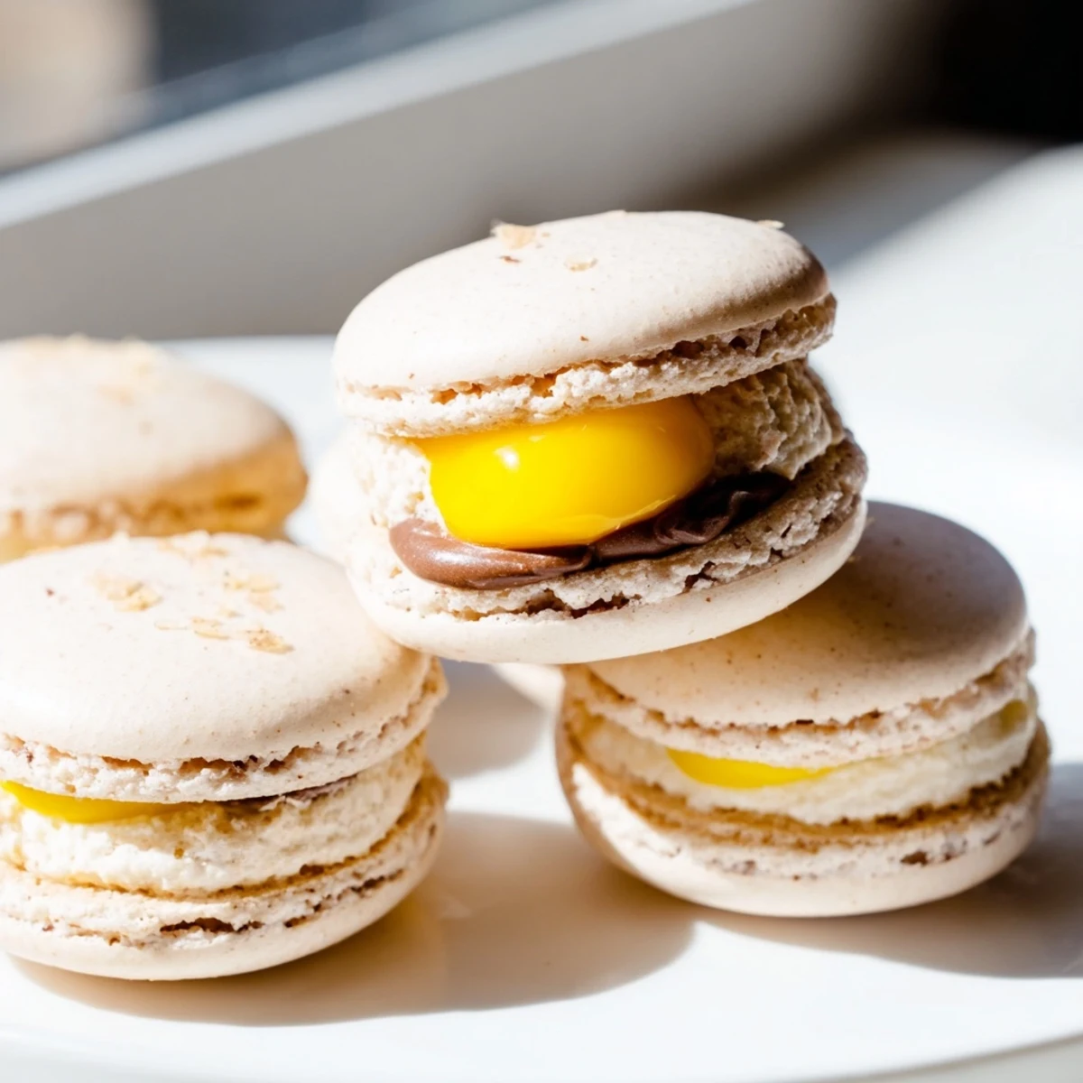 Cadbury Egg macarons with smooth chocolate filling sandwiched between delicate speckled almond shells