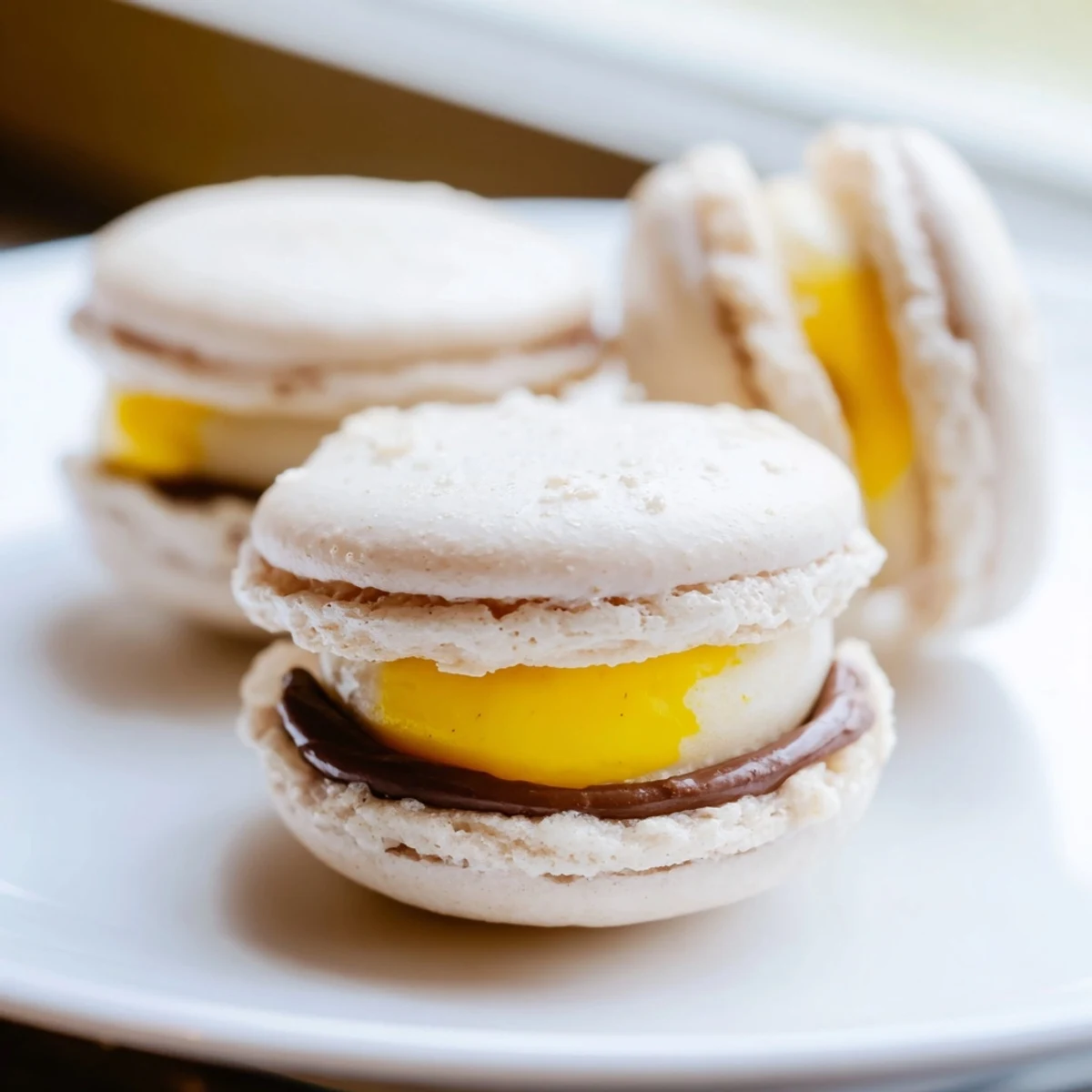 Golden yolk centers peek from creamy chocolate filling inside these festive Cadbury Egg macarons