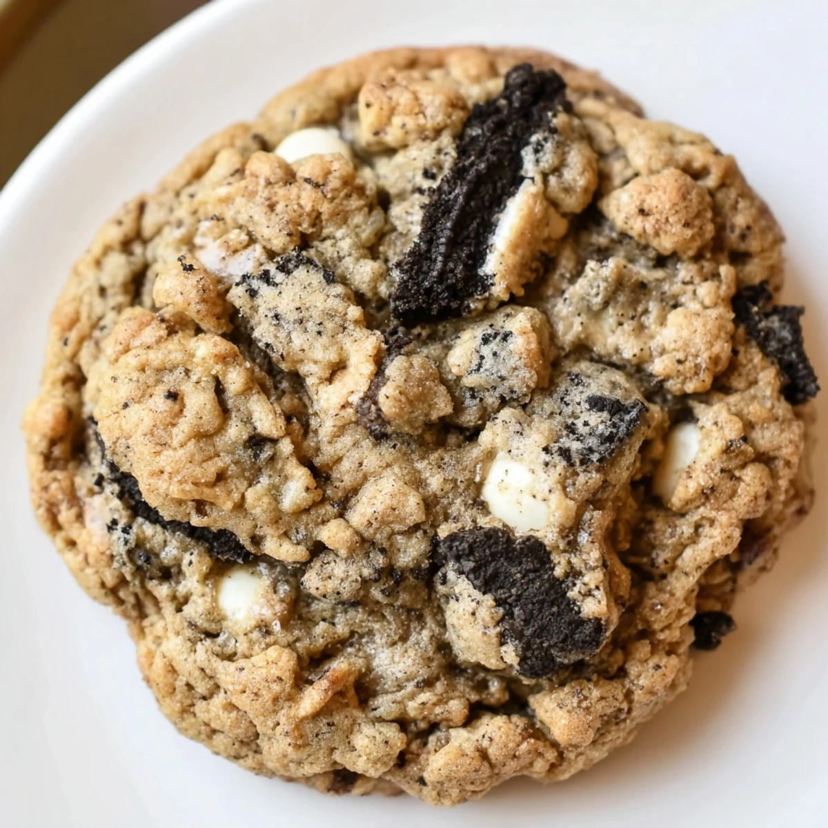 Soft chewy cookies and cream cookie with white chocolate chips on rustic wooden board