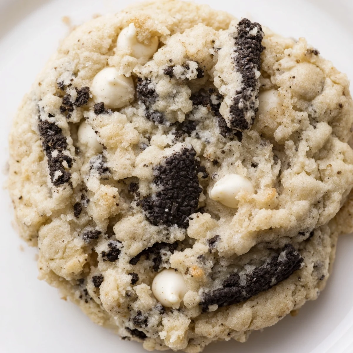 Freshly baked cookies and cream cookie with crushed Oreo pieces and creamy chips