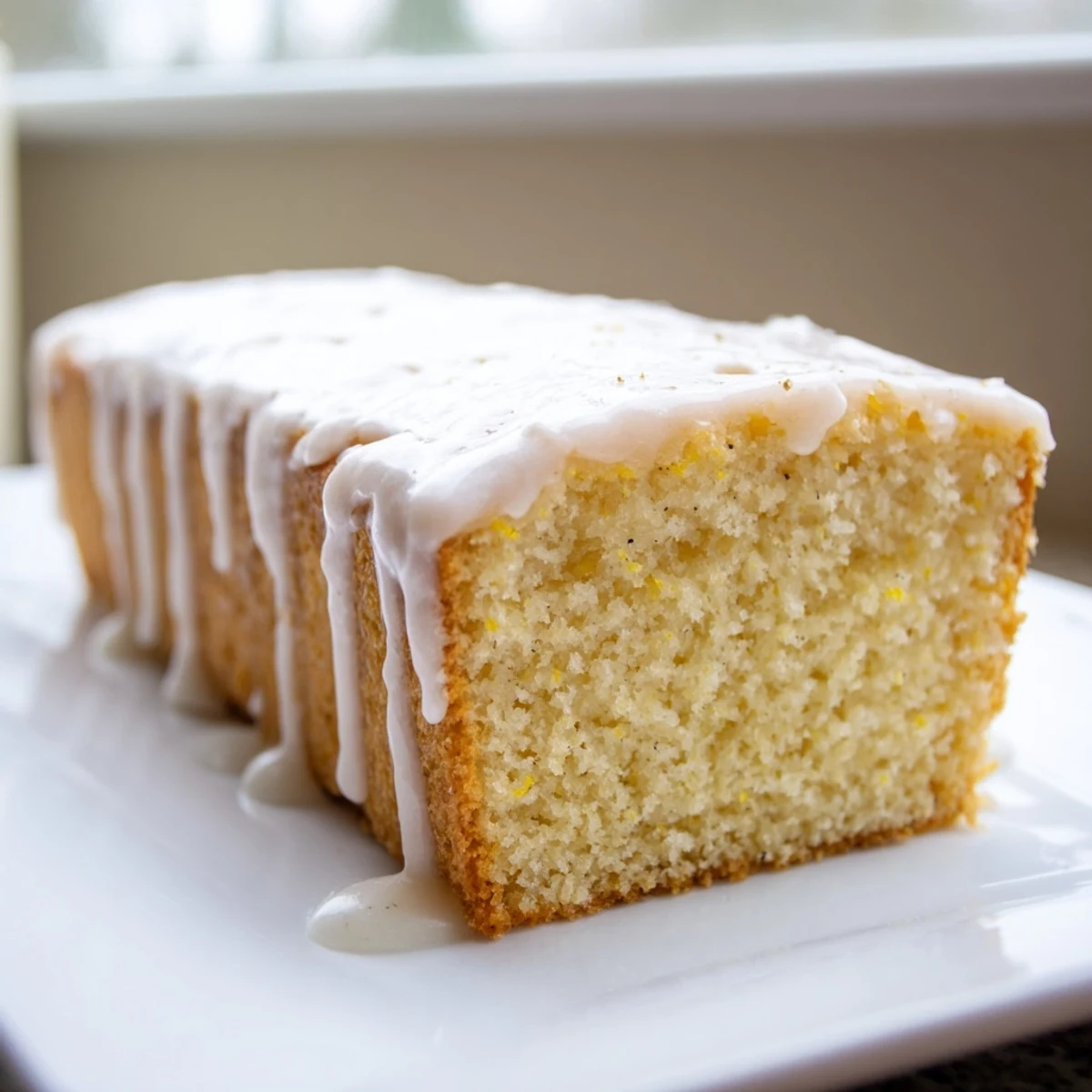 Golden church cake with vanilla glaze drizzled over a moist, tender sponge ready for sharing