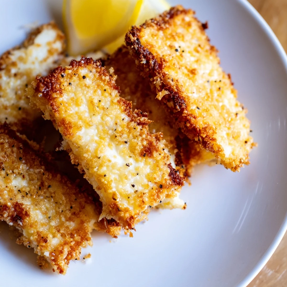 Crispy Greek fried cheese with crunchy coating served hot alongside bright lemon slices