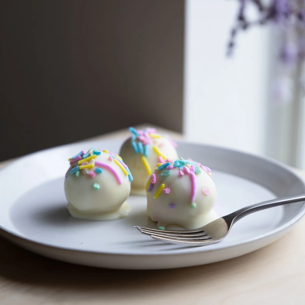 Creamy Banana Pudding Easter Truffles coated in white chocolate with colorful sprinkles