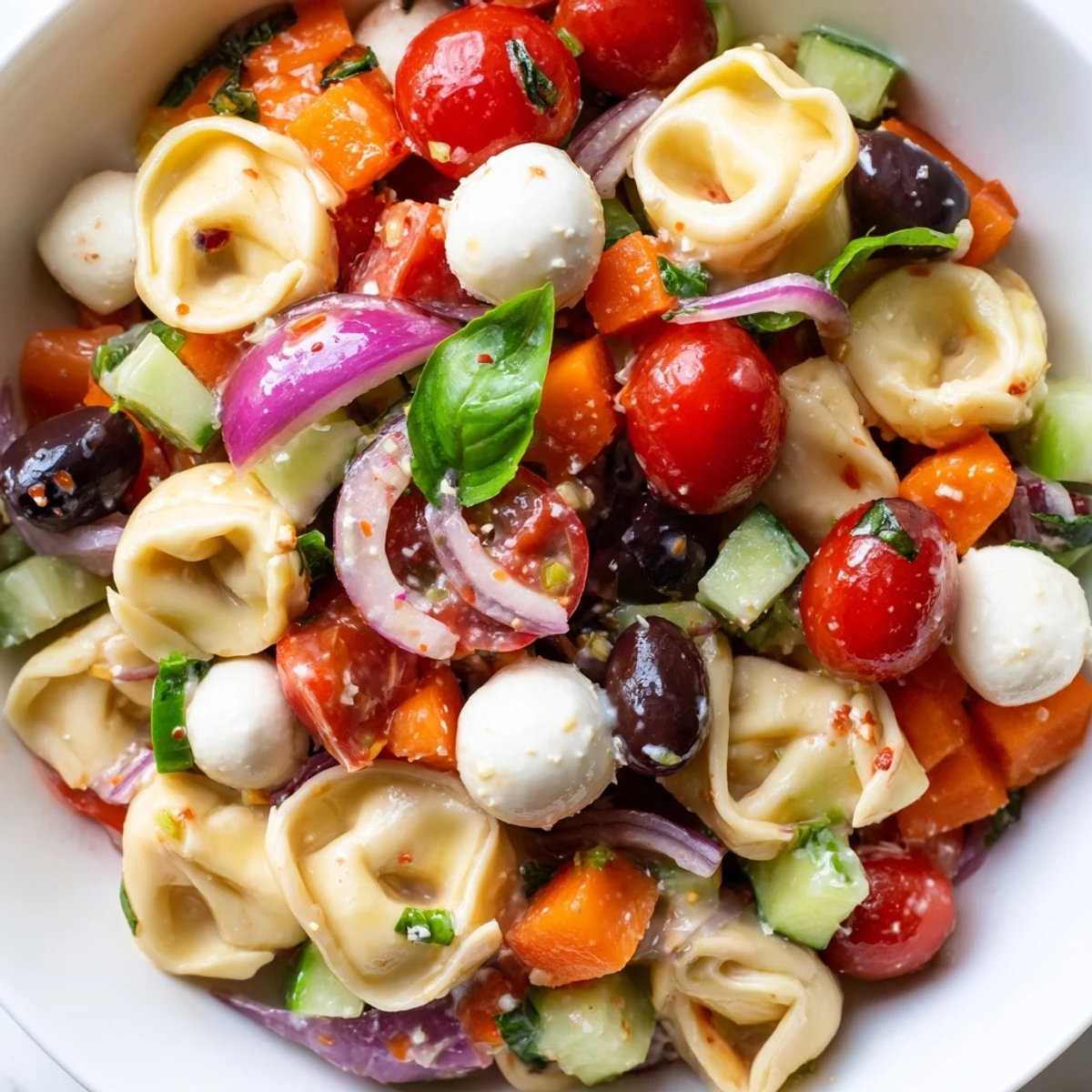Tender cheese tortellini salad tossed with cherry tomatoes, cucumber, and fresh mozzarella