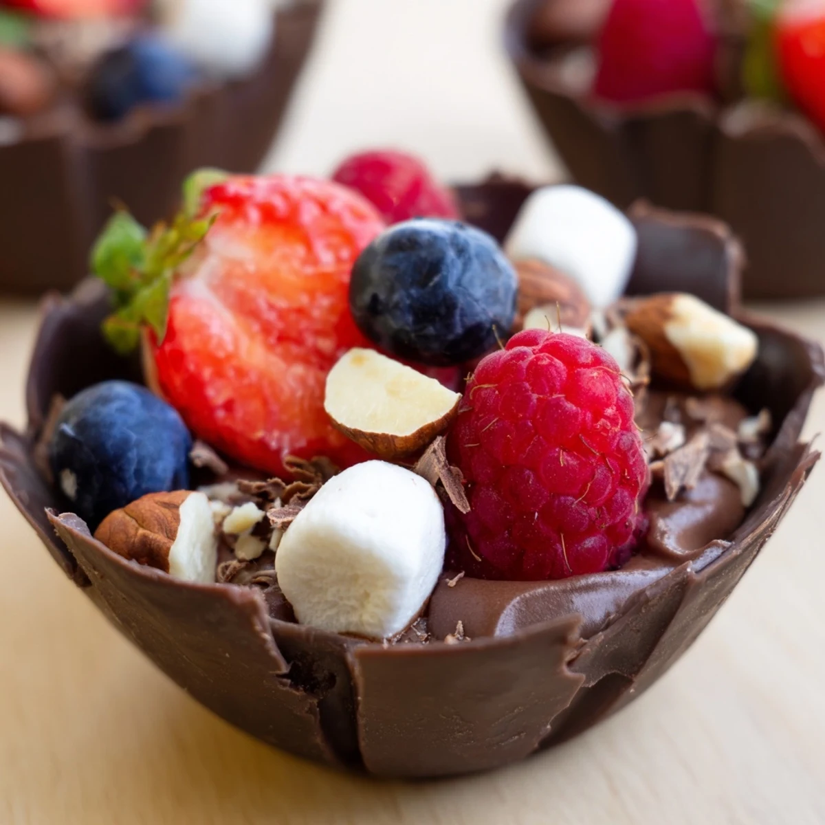 Chocolate grazing cups filled with creamy mousse and topped with fresh berries