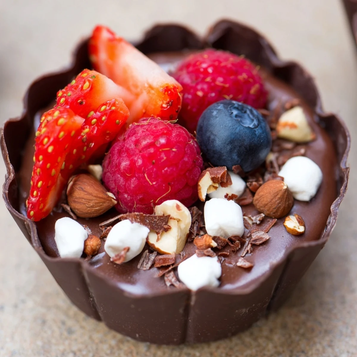 Elegant chocolate grazing cups garnished with crunchy nuts and colorful berries