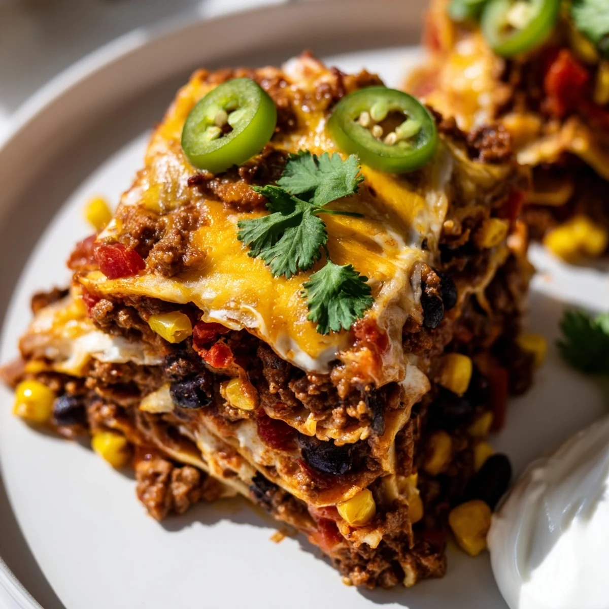 Golden bubbling Mexican lasagna with melted cheese and garnished with fresh cilantro