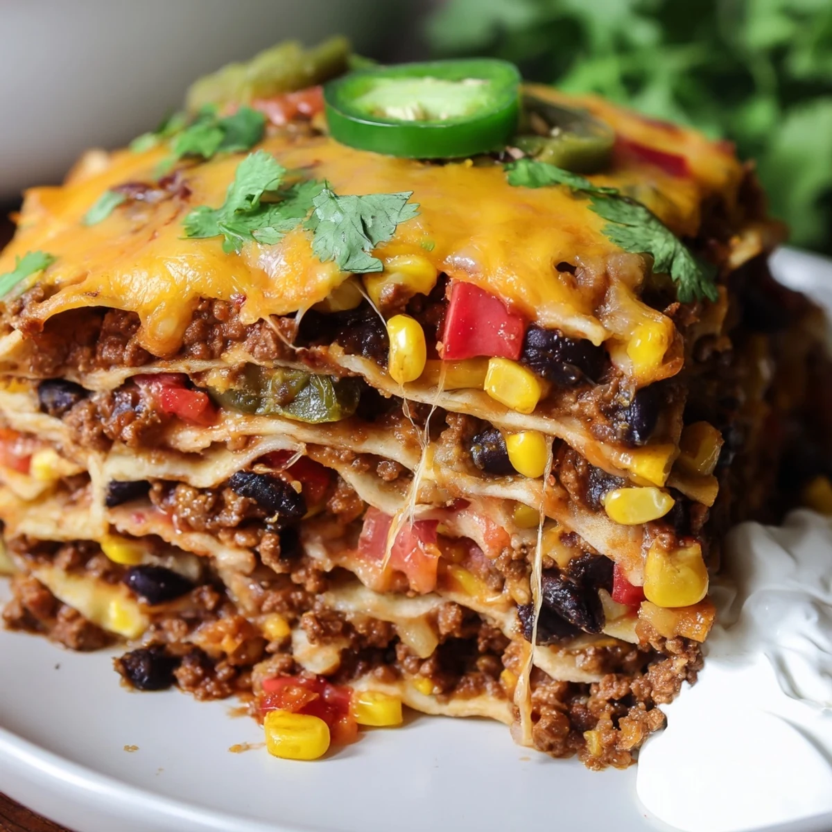 Mexican lasagna layers of spiced beef beans and cheese in baking dish