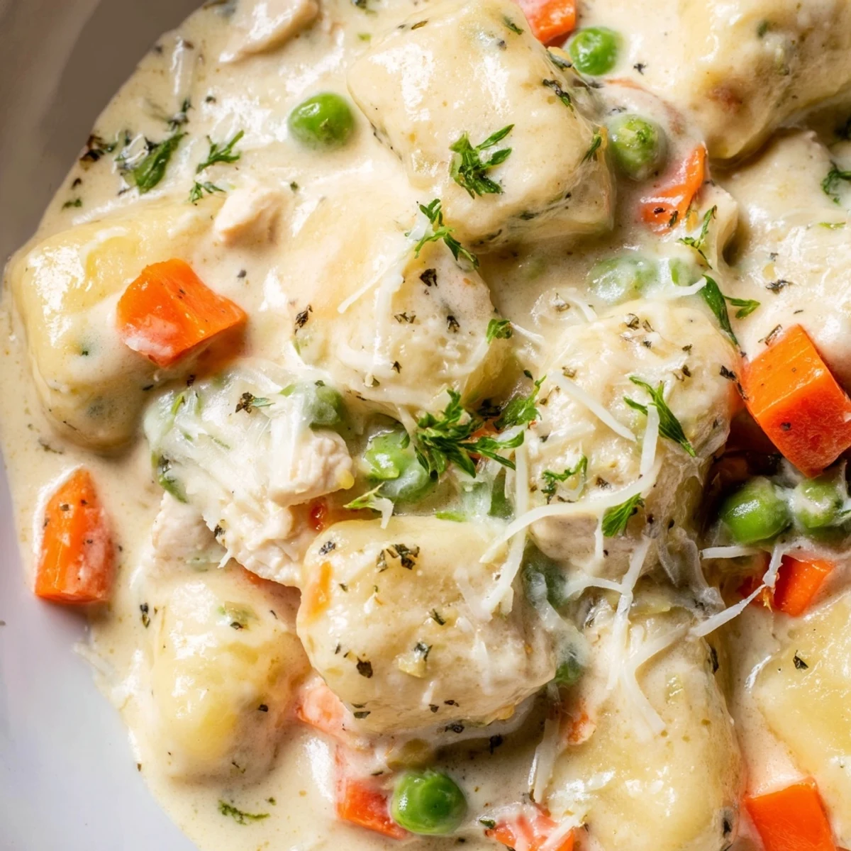 Creamy one pot gnocchi chicken pot pie with tender vegetables in golden savory sauce