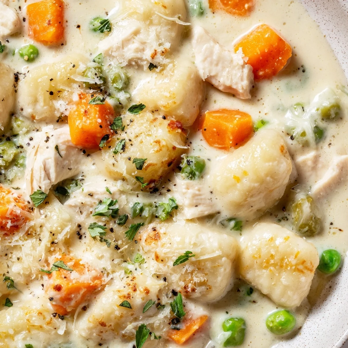 One pot gnocchi chicken pot pie topped with fresh parsley and parmesan
