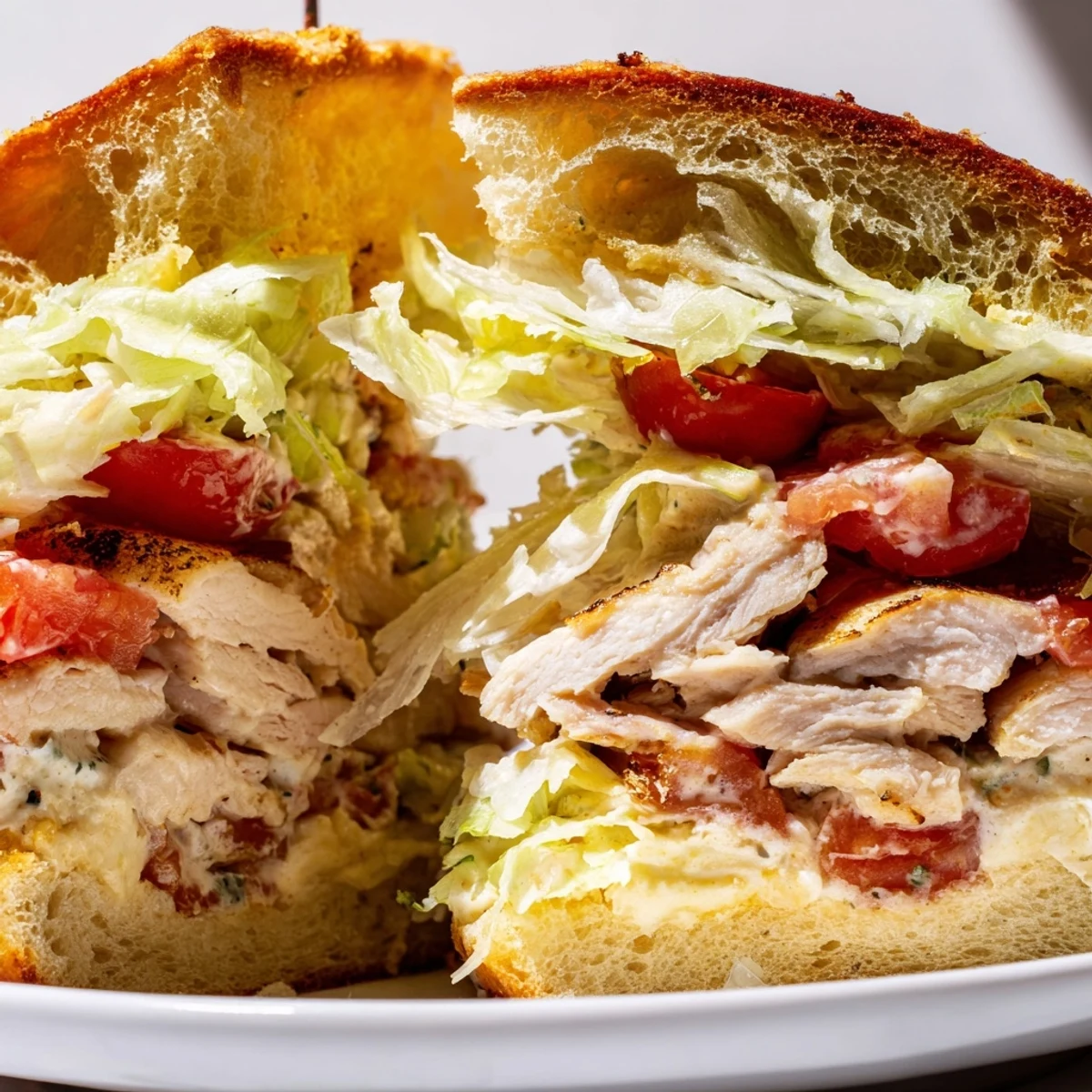 Juicy grilled Chicken Caesar Sandwich with crisp romaine and creamy dressing on golden toasted ciabatta