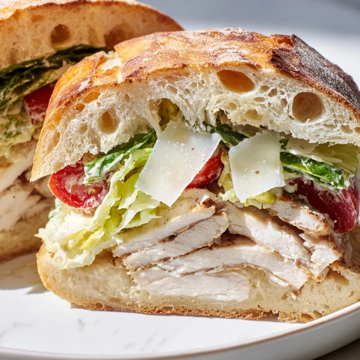 Toasted Chicken Caesar Sandwich layered with shaved Parmesan, fresh lettuce, and homemade Caesar dressing