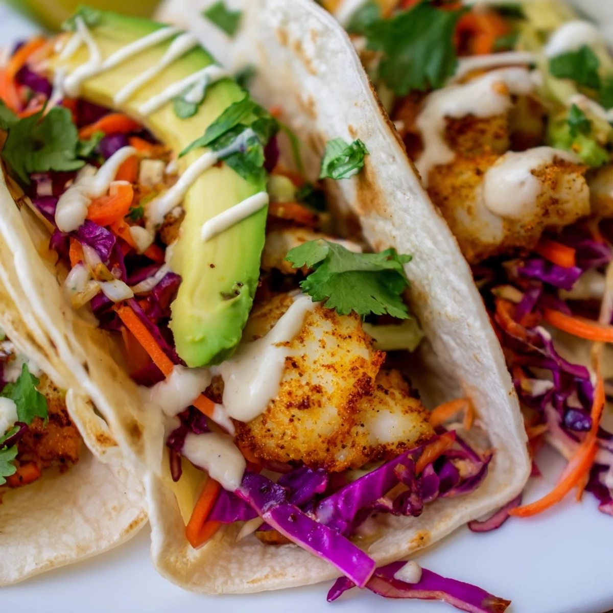 Crispy spiced tilapia fish tacos topped with vibrant slaw and creamy zesty crema
