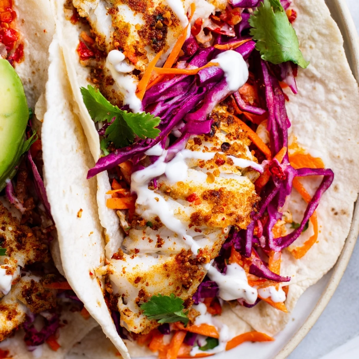 Golden tilapia fish tacos in warm tortillas with fresh cabbage avocado and lime
