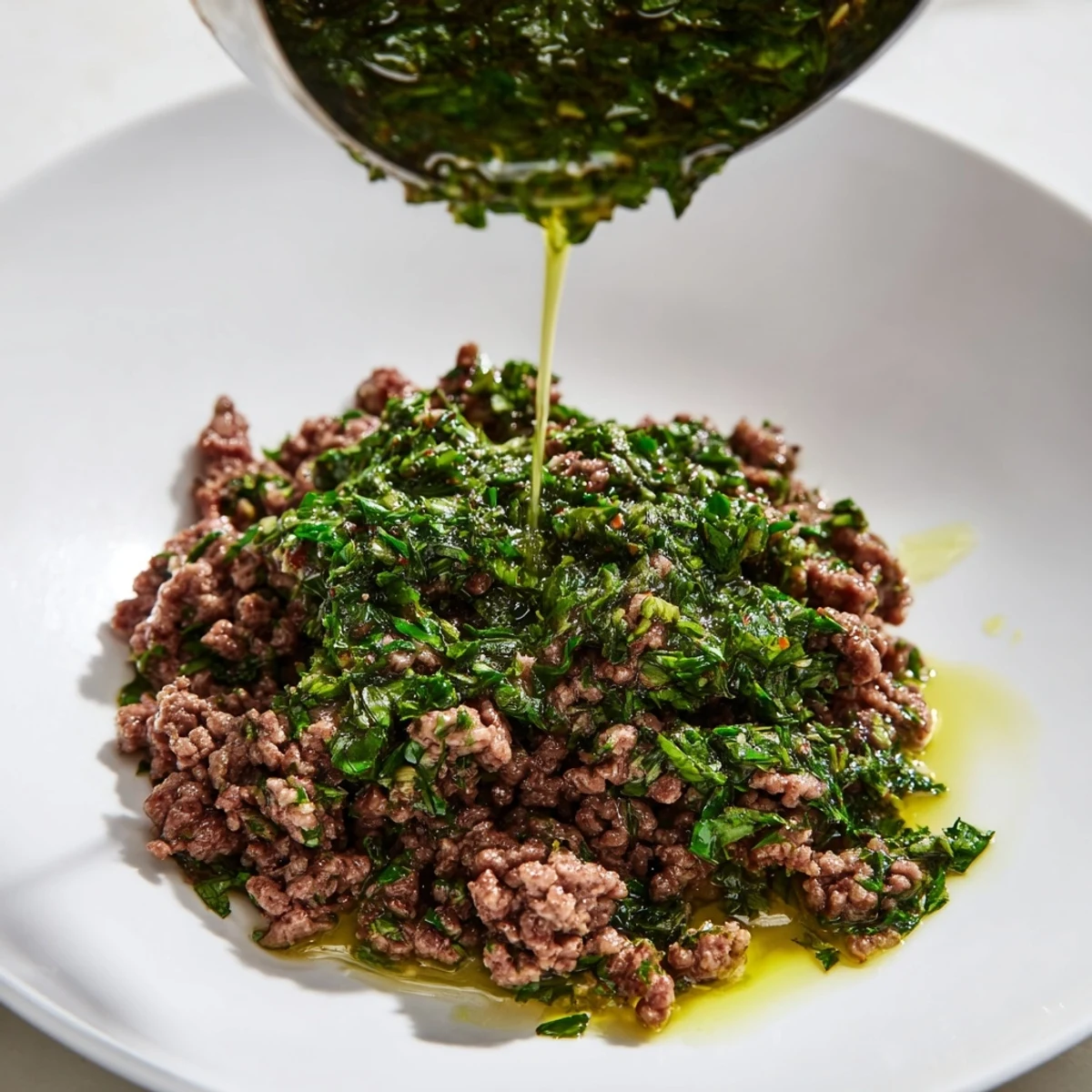 Chimichurri ground beef bowls with vibrant green sauce drizzled over fluffy rice and fresh vegetables