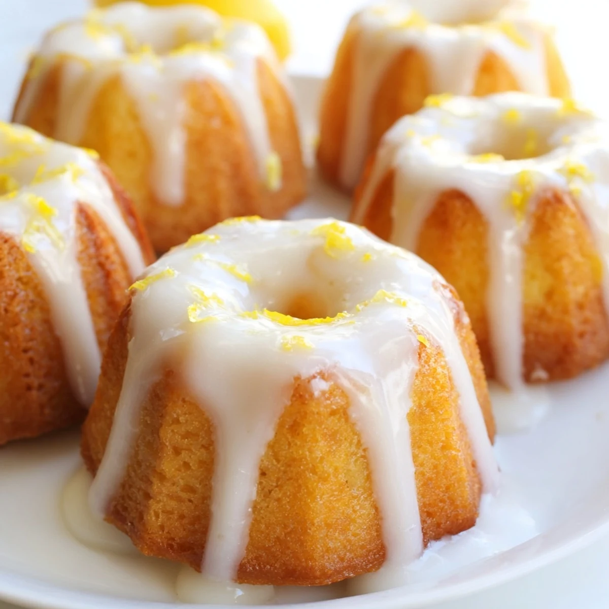 Golden mini lemon cakes drizzled with tangy glaze on a white serving plate