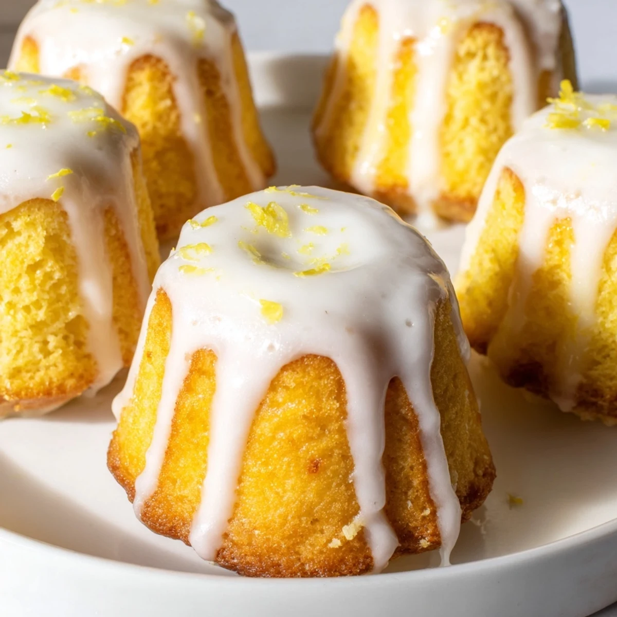 Moist mini lemon cakes topped with powdered sugar glaze and fresh zest