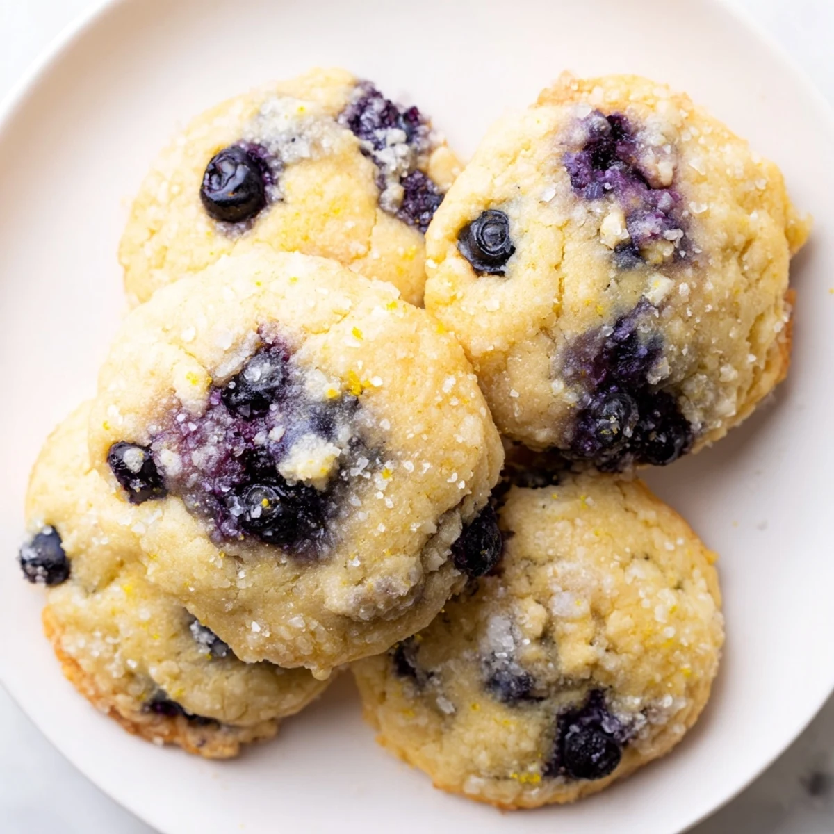 Soft blueberry muffin cookies with golden edges and juicy berries on a rustic baking sheet