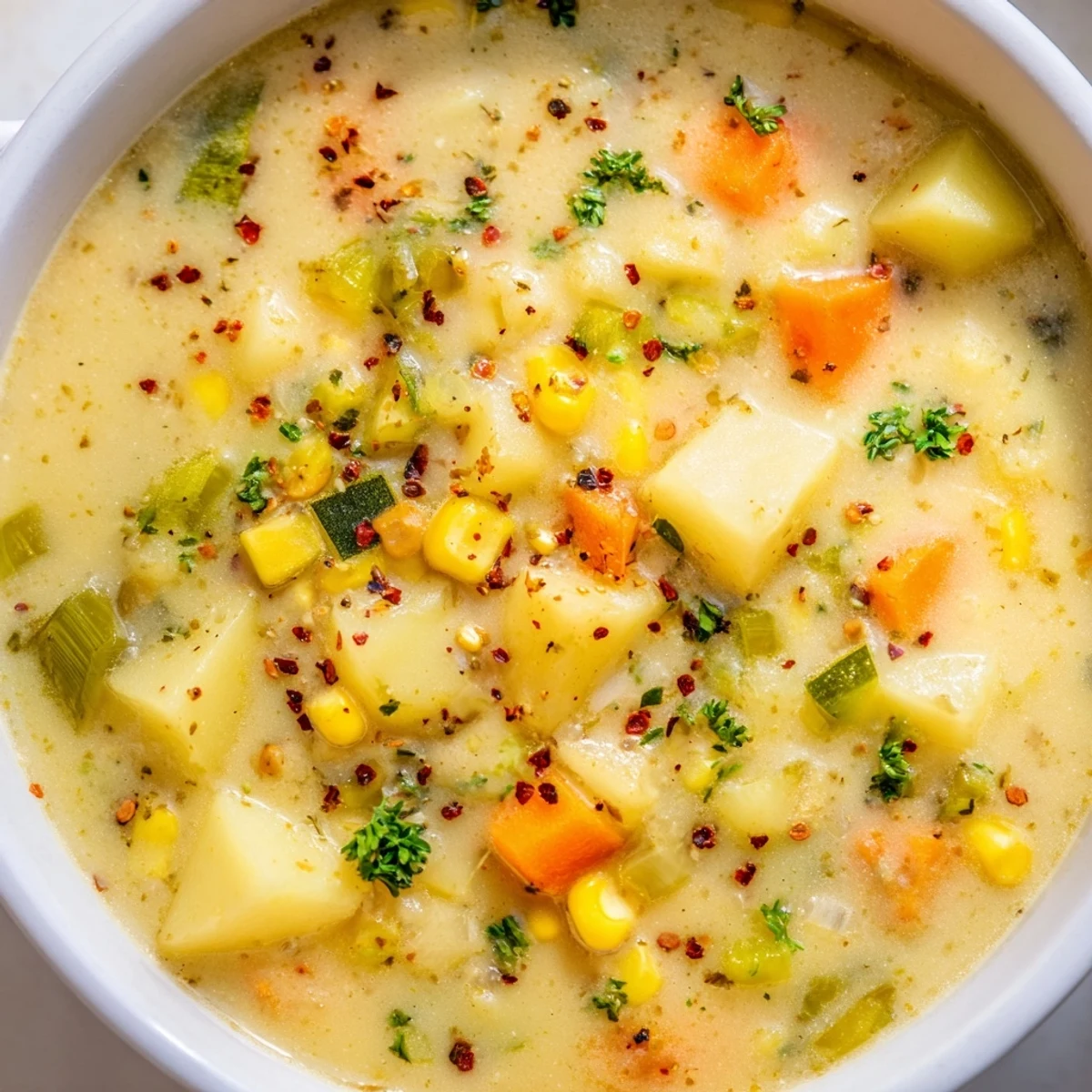 Creamy potato corn zucchini soup served steaming in a rustic bowl with fresh parsley garnish