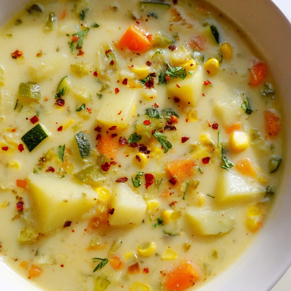 Hearty potato corn zucchini soup loaded with tender vegetables in a warm comforting broth