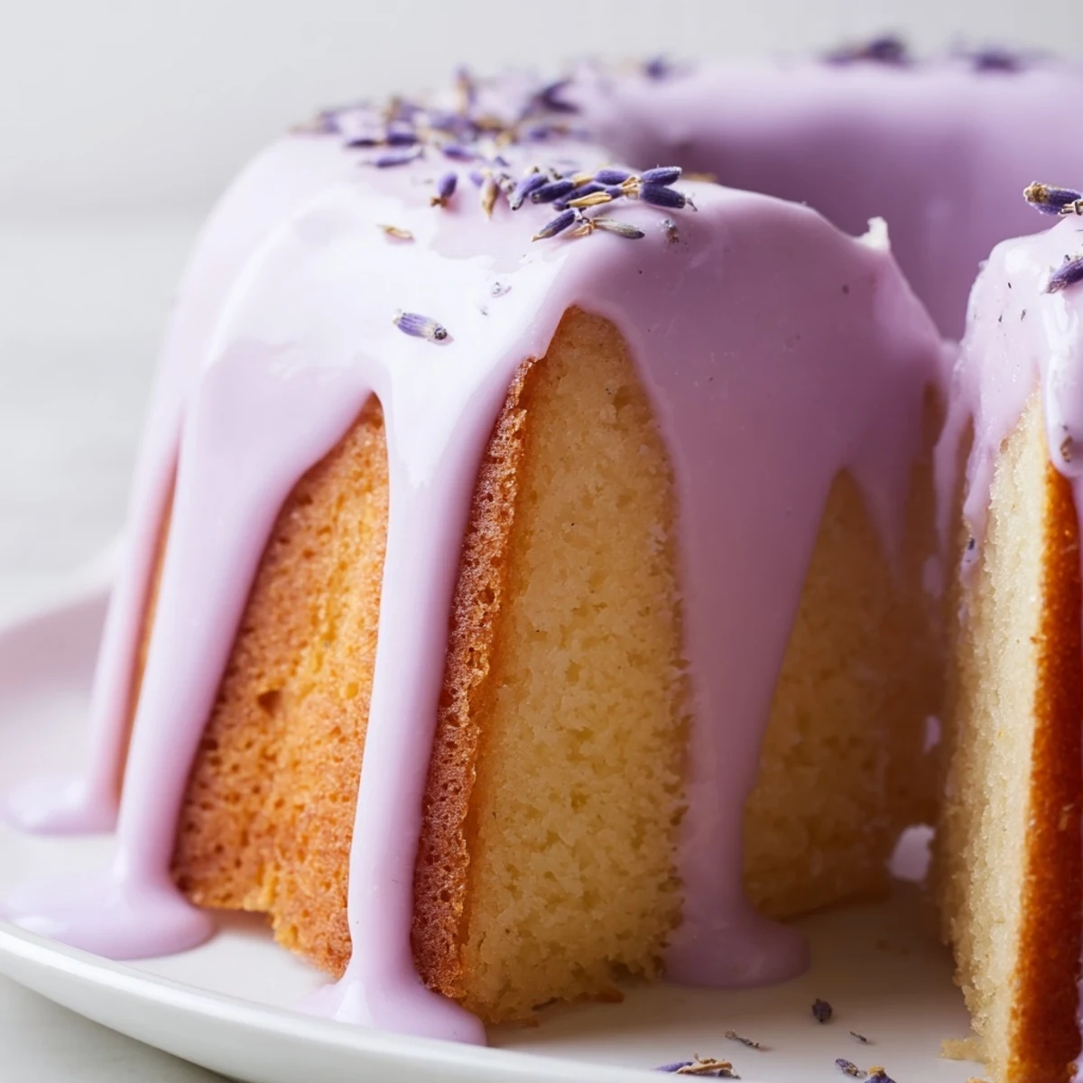 Smooth lavender glaze cascading down a golden pound cake in elegant white drizzle