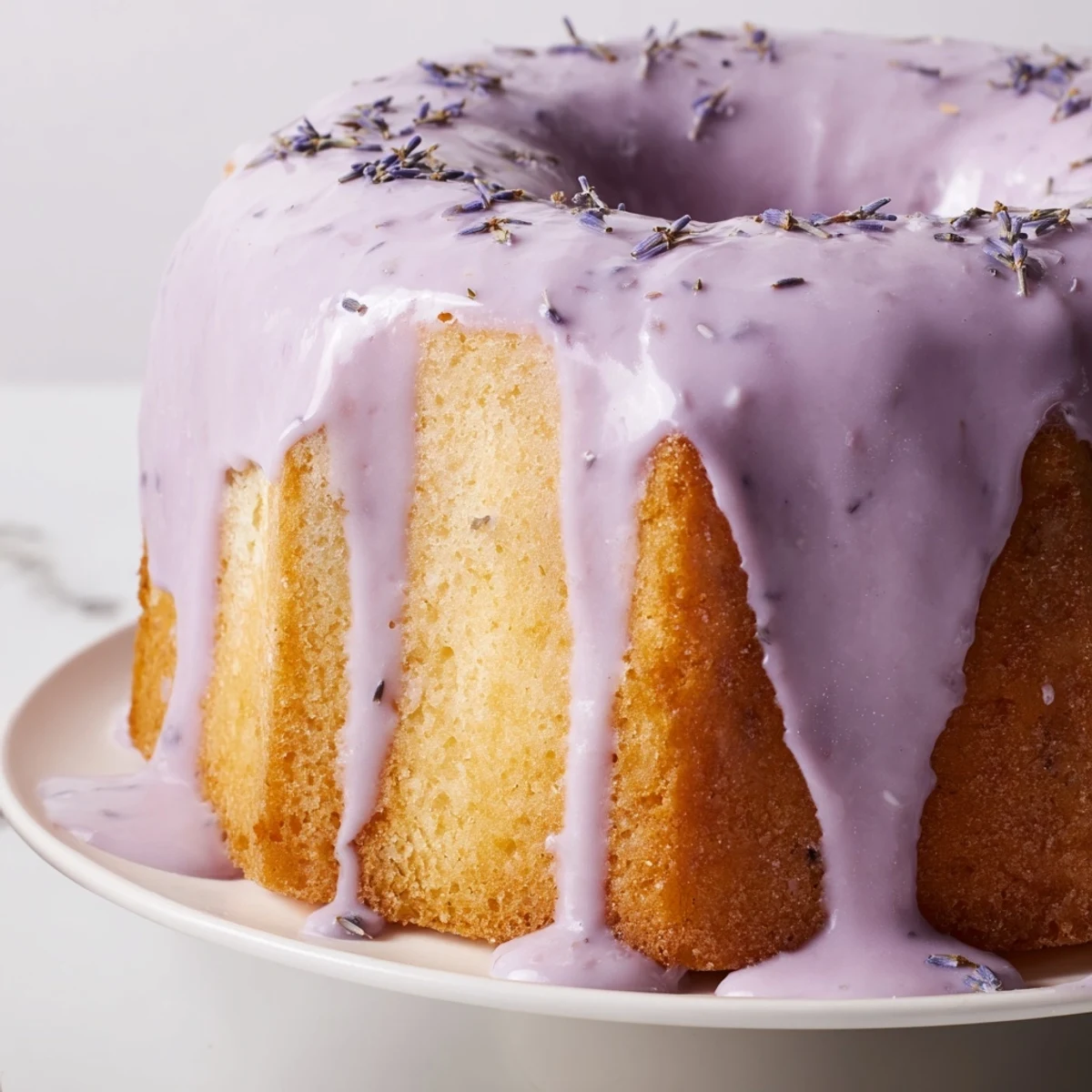Purple-hued lavender glaze pooled in bowl ready for drizzling over fresh scones