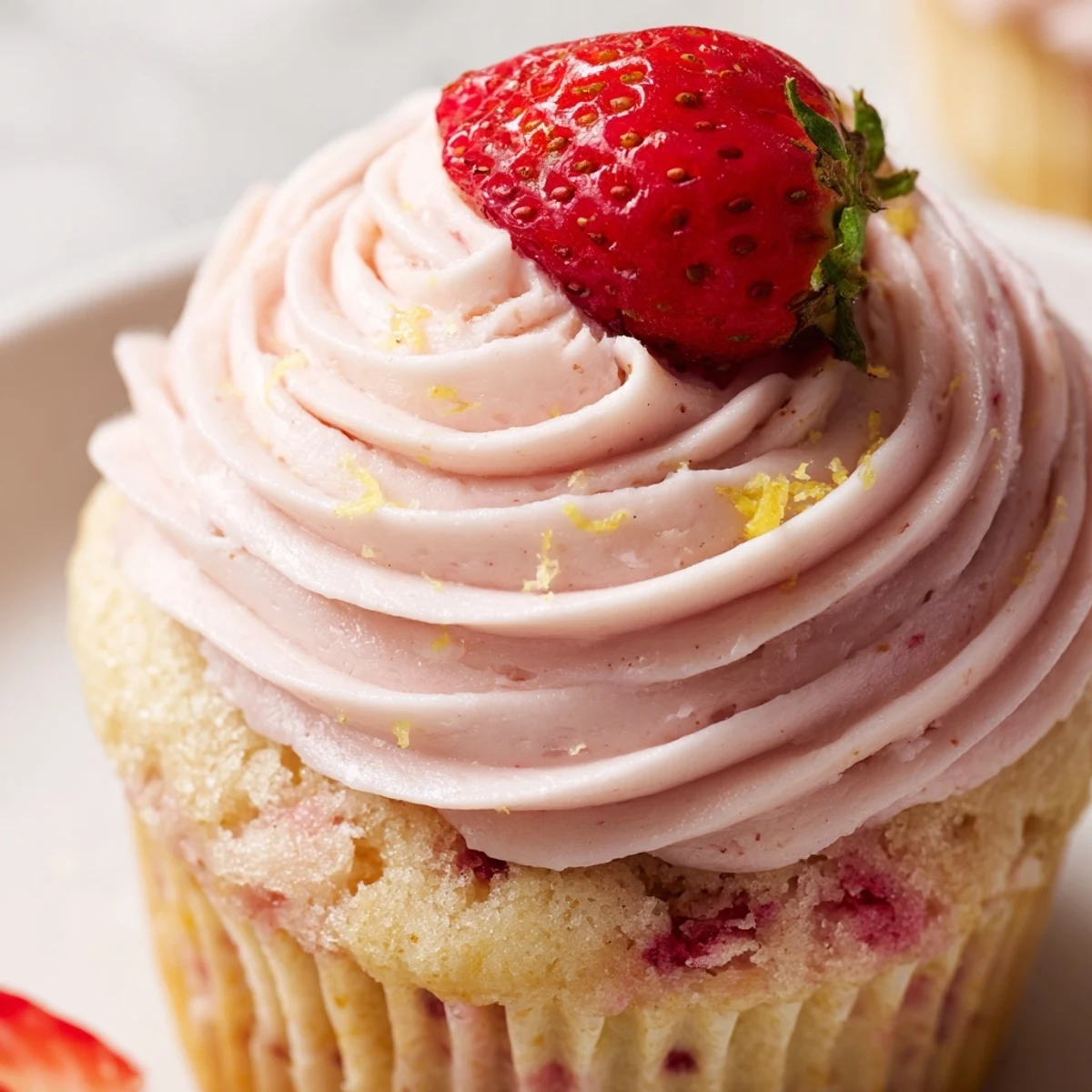 Pink frosted strawberry lemonade cupcakes topped with swirls of creamy buttercream on a rustic serving plate