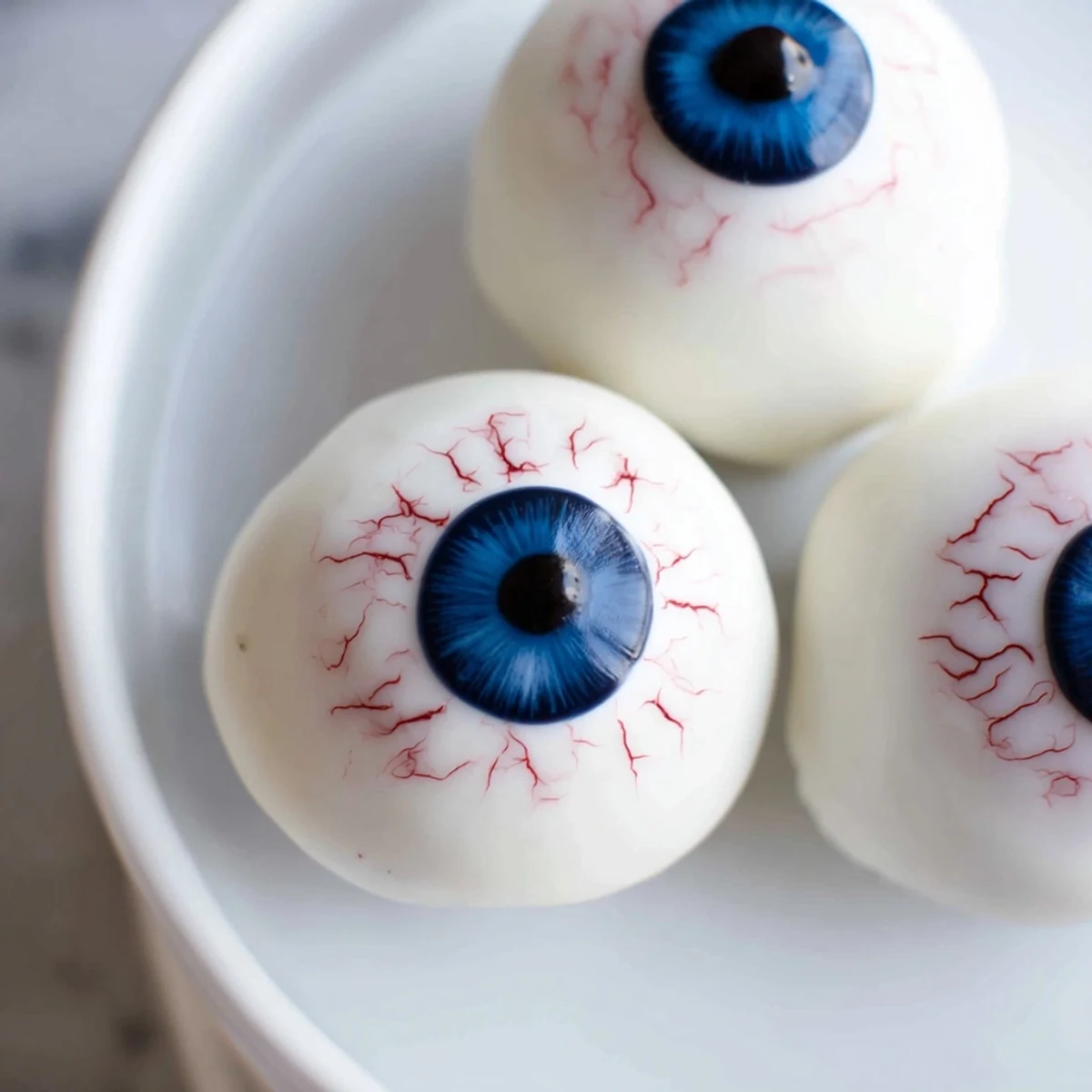 Creepy Halloween Cake Eyeballs with red veins and colorful irises on a dark platter